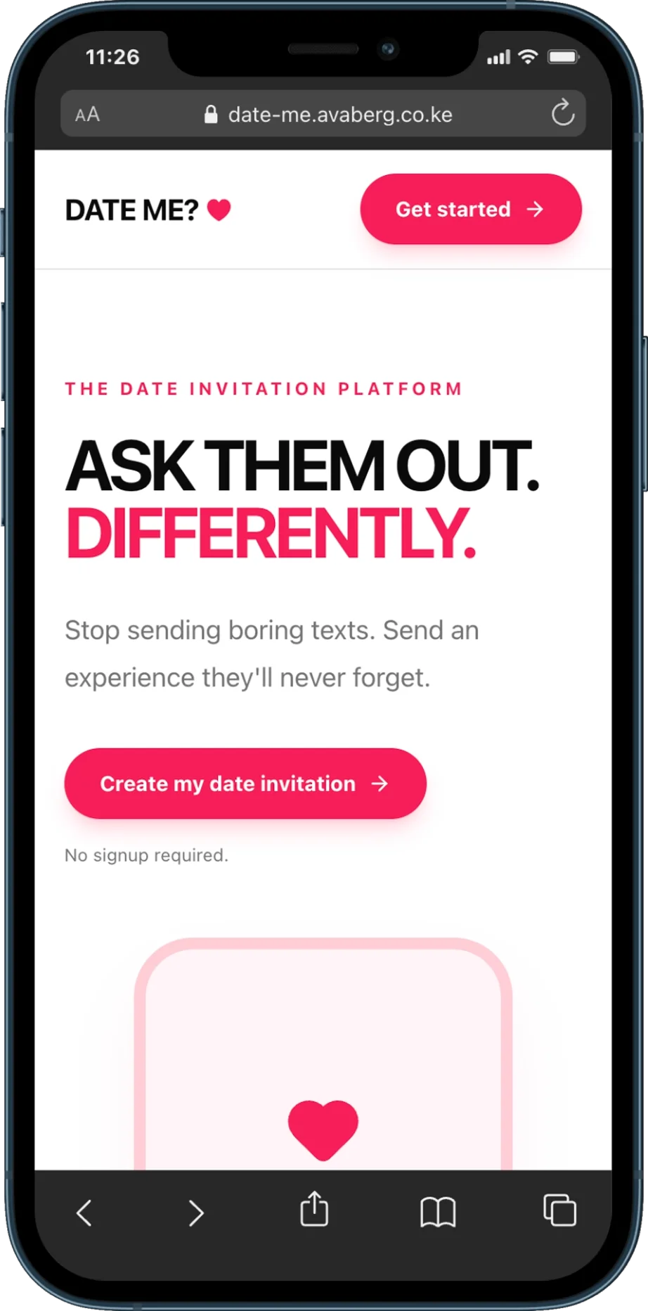 Date Me mobile invitation experience displayed on an iPhone