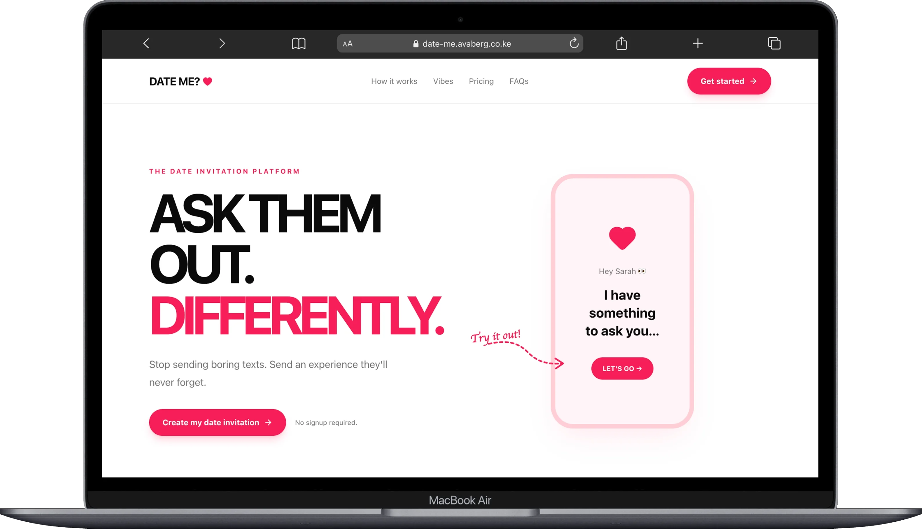 Date Me invitation platform displayed on a MacBook Air