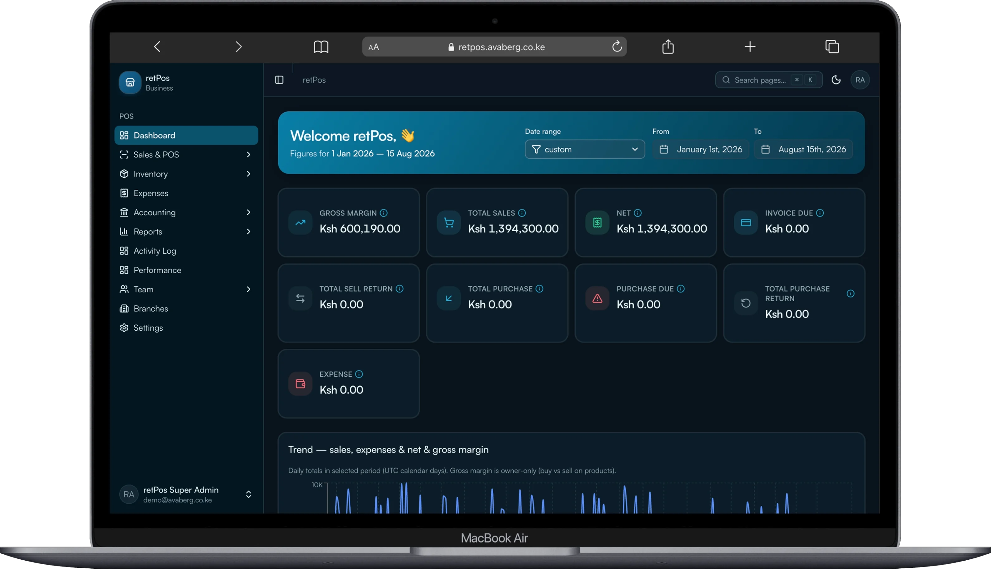 RetPOS sales and inventory dashboard displayed on a MacBook Air