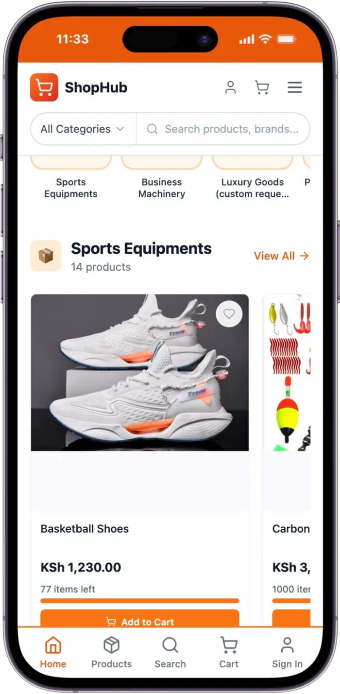 ShopHub mobile ecommerce experience displayed on an iPhone
